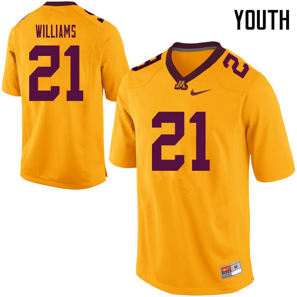 Youth #21 Bryce Williams Minnesota Golden Gophers College Football Jerseys Sale-Yellow - Click Image to Close
